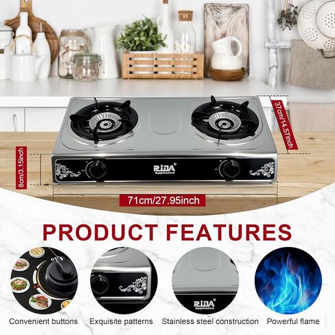 2 Burner Propane Gas Stove, Portable Tempered Glass Camping Stove Propane with Auto-Ignition, 20472 BTU Burners for Cooking, Outdoor, Camping, RV & Emergency Use in Saudi Arabia