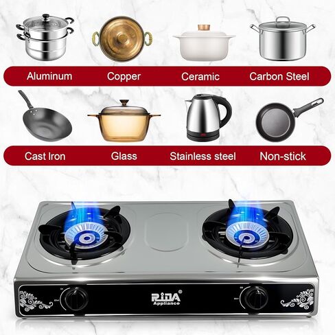 2 Burner Propane Gas Stove, Portable Tempered Glass Camping Stove Propane with Auto-Ignition, 20472 BTU Burners for Cooking, Outdoor, Camping, RV & Emergency Use in Saudi Arabia