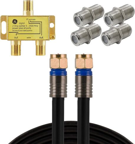GE 25 ft. RG6 Quad Shield Coaxial Cable, 3 GHz in-Wall Rated, 4 Coax Cable Couplers Female to Female, 2-Way Cable Splitter 5-2500 MHz, for TV, Antenna, Satellite, Cable Box in Saudi Arabia