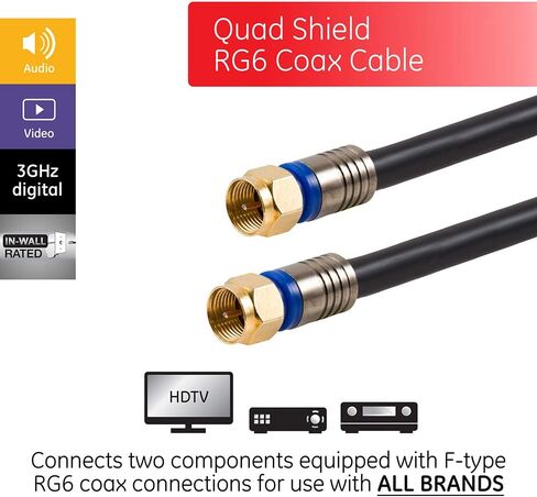 GE 25 ft. RG6 Quad Shield Coaxial Cable, 3 GHz in-Wall Rated, 4 Coax Cable Couplers Female to Female, 2-Way Cable Splitter 5-2500 MHz, for TV, Antenna, Satellite, Cable Box in Saudi Arabia