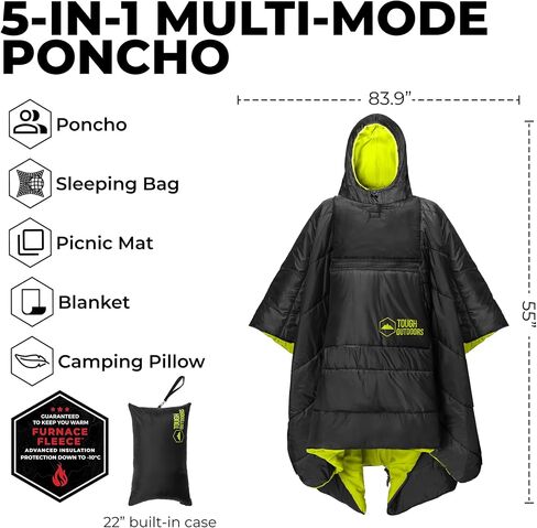 معطف تخييم 5 في 1 من Tough Outdoors - بطانية قابلة للتعبئة - حقيبة نوم يمكن ارتداؤها للبالغين - حقيبة نوم بونشو - مقاومة للماء in Kuwait