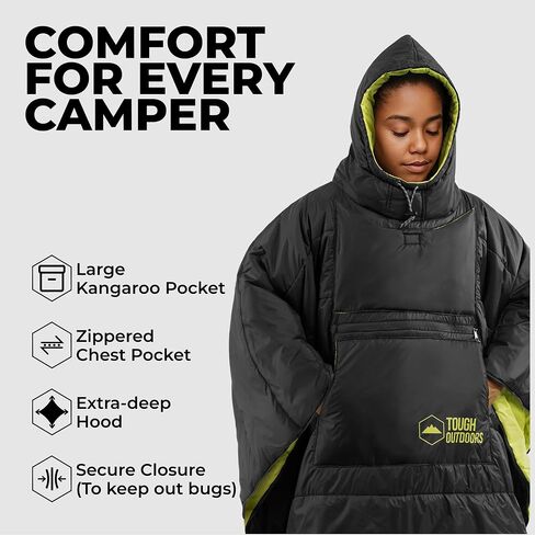 معطف تخييم 5 في 1 من Tough Outdoors - بطانية قابلة للتعبئة - حقيبة نوم يمكن ارتداؤها للبالغين - حقيبة نوم بونشو - مقاومة للماء in Kuwait