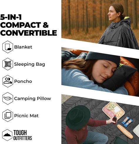معطف تخييم 5 في 1 من Tough Outdoors - بطانية قابلة للتعبئة - حقيبة نوم يمكن ارتداؤها للبالغين - حقيبة نوم بونشو - مقاومة للماء in Kuwait