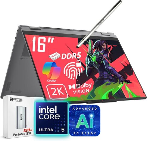 Lenovo Yoga 7i 2-in-1 AI Ready Laptop، شاشة لمس 16 بوصة 2K، Core Ultra 5 226V(>Ultra 7 155U)، Copilot+ PC، لوحة مفاتيح بإضاءة خلفية، بصمة الإصبع، WiFi 7، Windows 11 Pro، رمادي (16 جيجابايت 8533 ميجاهرتز DDR5 RAM | 1 تيرابايت SSD) in Saudi Arabia