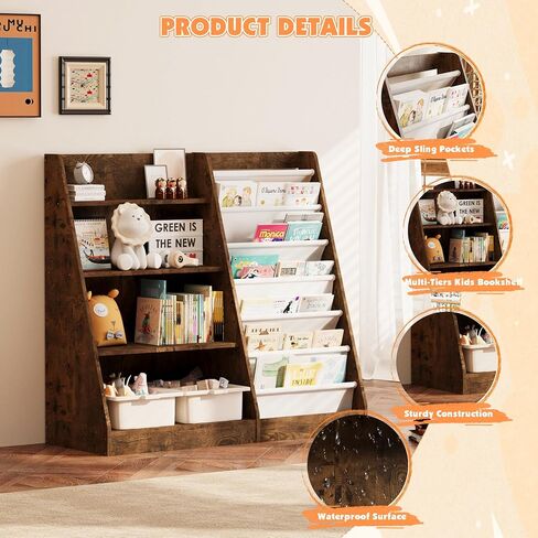 NACHES 3 Tier Kid Bookshelf Wooden 4 Sling Children Bookcase Toddler Adjustable Book Rack Display Toy Storage Organizer Book Display Shelf Classroom Bedroom Nursery Playroom,25inch (White, Small) in Saudi Arabia