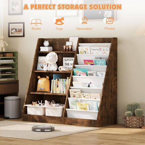 NACHES 3 Tier Kid Bookshelf Wooden 4 Sling Children Bookcase Toddler Adjustable Book Rack Display Toy Storage Organizer Book Display Shelf Classroom Bedroom Nursery Playroom,25inch (White, Small) in Saudi Arabia