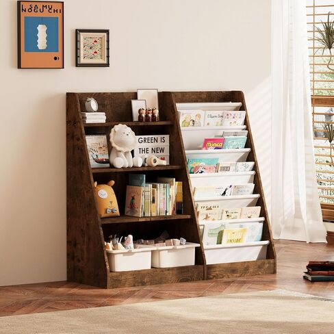 NACHES 3 Tier Kid Bookshelf Wooden 4 Sling Children Bookcase Toddler Adjustable Book Rack Display Toy Storage Organizer Book Display Shelf Classroom Bedroom Nursery Playroom,25inch (White, Small) in Saudi Arabia