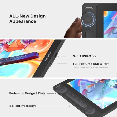 HUION Kamvas 13 (Gen 3) Drawing Tablet with Screen, 13.3-inch Full-Laminated Art Tablet with Anti-Sparkle Canvas Glass, 99% sRGB, PenTech 4.0, 16K Pen Pressure, Dual Dials for Digital Art, Black in Saudi Arabia