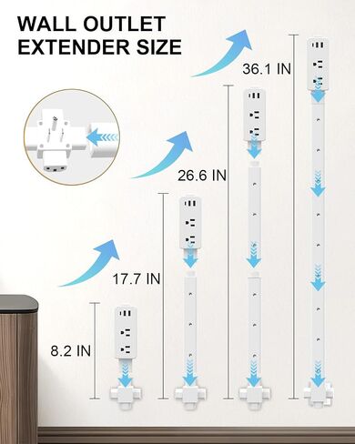 Electrical Outlet Extender Stick 8.26"-36.1" with 2 AC Outlets, USB-A,USB-C Ports, Fixed at 90 Degree Splicing Type, Power Socket Expander Put Behind Hard to Reach Desks,Sofa,Cabinet,Bed etc in Saudi Arabia