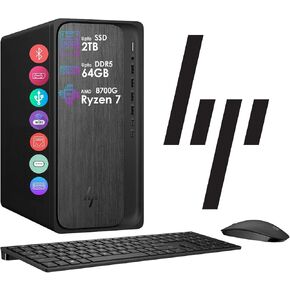 HP OmniDesk AI PC Desktop, 16 NPU Tops, 8-Core AMD Ryzen 7-8700G CPU (Upto 5.1GHz), USB-C, Wi-Fi 6, Dual Monitor Support, Bluetooth, Windows 11 Pro, Wireless Keyboard & Mouse (64GB RAM & 1TB SSD) in Kuwait