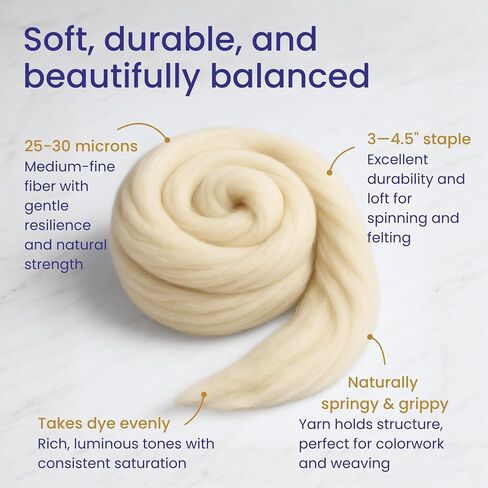 Revolution Fibers Corriedale Wool Roving 1 lb (16 Ounces) for Spinning | Soft Chunky Jumbo Yarn for Arm Knitting Blanket |100% Natural Undyed (Off-White) Wool Yarn Bulk, Felting Core, Carded Stuffing in Kuwait