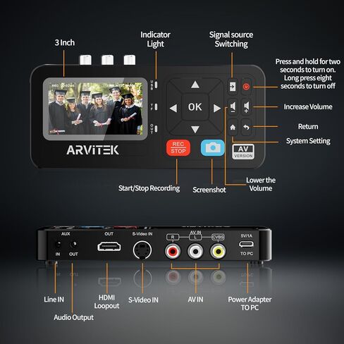 VHS إلى محول رقمي مع جهاز تحكم عن بعد، تسجيل الفيديو من VHS، VCR، DVR، DVD، AV، RCA، Hi8، كاميرا الفيديو، وحدات تحكم الألعاب، التوصيل والتشغيل in Kuwait