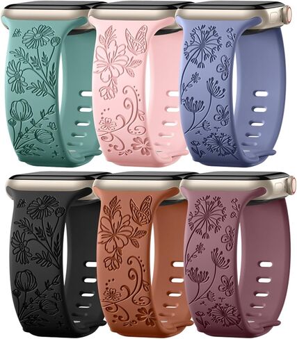 Odbeai Cute Floral Engraved Band Compatible with Apple Watch Bands Women 40mm 44mm 38mm 41mm 42/45/46/49mm, 6-Pack Soft Silicone Dressy Sport Strap for iWatch Bands Series 11 10 9-1 SE Ultra1/2/3 in Kuwait