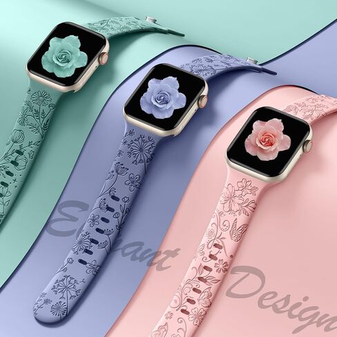 Odbeai Cute Floral Engraved Band Compatible with Apple Watch Bands Women 40mm 44mm 38mm 41mm 42/45/46/49mm, 6-Pack Soft Silicone Dressy Sport Strap for iWatch Bands Series 11 10 9-1 SE Ultra1/2/3 in Kuwait