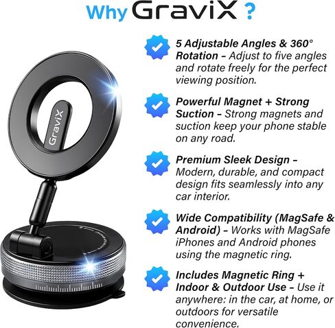 حامل هاتف السيارة GraviX لـ MagSafe - حامل هاتف السيارة قابل للتعديل مع شفط قوي ومغناطيس قوي - حامل هاتف لسيارتك لجهاز iPhone 17 Pro Max 16 15 14 13 12 Air Plus - ملحقات السيارة in Saudi Arabia