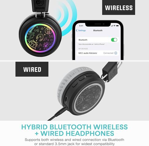 MEE audio KidJamz Share Bluetooth Headphones for Kids with LED Lights, 85dB Volume Limiter, Microphone, 40h Battery; Childrens Headset for School/iPhone/iPad/Tablet (Model: KJ55BT-S, 1-Pack) in Kuwait