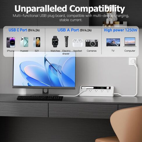 سلك تمديد للمكتب مع فتحات USB، BOCHLION 2 USB C و2 USB A مقبس طاقة مع ضوء ليلي، 5 طرق توصيل مقبس تمديد حامي، شريط طاقة سطح المكتب 1.8 متر للمكتب المنزلي (أبيض) in Kuwait