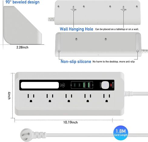 سلك تمديد للمكتب مع فتحات USB، BOCHLION 2 USB C و2 USB A مقبس طاقة مع ضوء ليلي، 5 طرق توصيل مقبس تمديد حامي، شريط طاقة سطح المكتب 1.8 متر للمكتب المنزلي (أبيض) in Kuwait