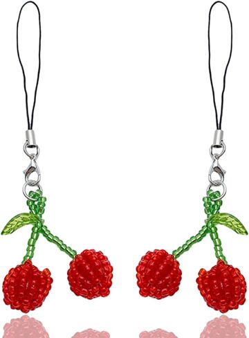 2 Piece Sweet Cherry Beads Cell Phone Pendant for Cell Phone Aesthetic Cell Phone Pendant for Cell Phone Bag Camera Pendant Decor Keychain Bag charm in Saudi Arabia
