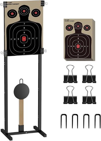 2-in-1 Shooting Target Stand Holder with 10pcs 17x25 Inch Paper Targets for Outdoor, Heavy Duty Range Base Adjustable Width from 8" to 24" for Cardboard Silhouette and Steel Target, Black in Saudi Arabia