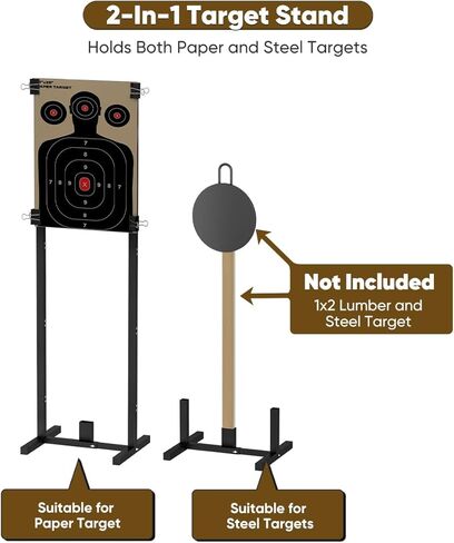 2-in-1 Shooting Target Stand Holder with 10pcs 17x25 Inch Paper Targets for Outdoor, Heavy Duty Range Base Adjustable Width from 8" to 24" for Cardboard Silhouette and Steel Target, Black in Saudi Arabia