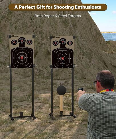 2-in-1 Shooting Target Stand Holder with 10pcs 17x25 Inch Paper Targets for Outdoor, Heavy Duty Range Base Adjustable Width from 8" to 24" for Cardboard Silhouette and Steel Target, Black in Saudi Arabia