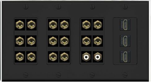 RiteAV 8.2 Surround Sound 8 Speaker 16 Banana Plug Jack Wall Plate w/ 2 RCA Subwoofer + 3 HDMI Female Connectors - 4 Gang [Black] in Saudi Arabia