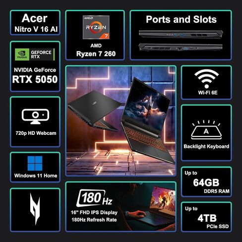 acer Nitro V 16 AI Gaming Laptop 16" WUXGA IPS 180Hz AMD Zen 4 Octa-Core Ryzen 7 260 32GB RAM 1TB SSD GeForce RTX 5050 (Up to 421 AI Tops) Backlit Win11 w/ICP Hub in Saudi Arabia