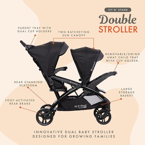 Baby Trend Sit N' Stand Double Stroller 2.0 DLX with 5 Point Safety Harness, Canopy, Extra Basket, 2 Cup Holders, and Covered Compartment, Stormy in Kuwait