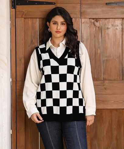 CARCOS Plus Size Sweater Vest for Women Preppy Style V Neck Sleeveless Sweaters Knit Pullover Tank Tops XL-5XL in Saudi Arabia