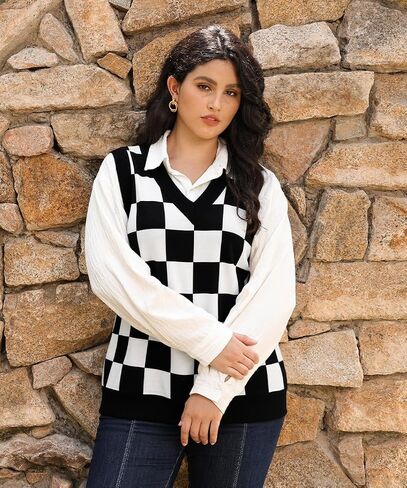 CARCOS Plus Size Sweater Vest for Women Preppy Style V Neck Sleeveless Sweaters Knit Pullover Tank Tops XL-5XL in Saudi Arabia