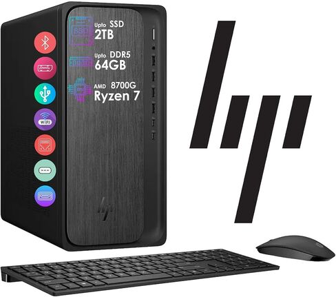 كمبيوتر سطح المكتب HP OmniDesk AI، 16 وحدة NPU، وحدة المعالجة المركزية AMD Ryzen 7-8700G 8 النواة (تصل إلى 5.1 جيجا هرتز)، USB-C، Wi-Fi 6، دعم الشاشة المزدوجة، بلوتوث، Windows 11 Pro، لوحة مفاتيح وماوس لاسلكيين (ذاكرة الوصول العشوائي 64 جيجابايت و1 تيرابا in Kuwait