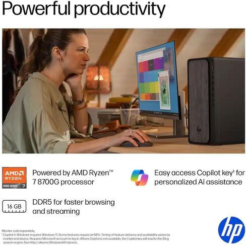 HP OmniDesk AI PC Desktop, 16 NPU Tops, 8-Core AMD Ryzen 7-8700G CPU (Upto 5.1GHz), USB-C, Wi-Fi 6, Dual Monitor Support, Bluetooth, Windows 11 Pro, Wireless Keyboard & Mouse (64GB RAM & 1TB SSD) in Saudi Arabia