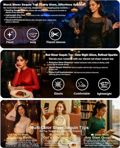 Women’s Bell Sleeve Mesh Top Sheer See Through Top Sexy Sparkly Sequin Blouse S-XL in Saudi Arabia
