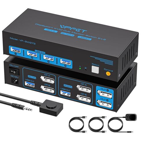 4K@144Hz Displayport KVM Switch 2 Monitors 2 Computers USB3.0 DP 1.4 KVM Switch Dual Monitor for 2 Computers Share 2 Screens and 4 USB Devices with Controller and 2 USB Cables, Plug and Play in Kuwait