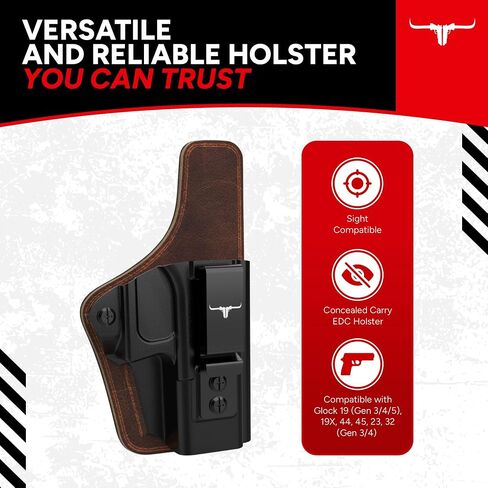 IWB Concealed Carry Holster Bundle - Premium Kydex & Leather Hybrid Holster with Tactical Belt, Ideal for Appendix Carry, Compatible with Glock 19 (Gen 3/4/5), 19X, 44, 45, 23, 32 in Saudi Arabia