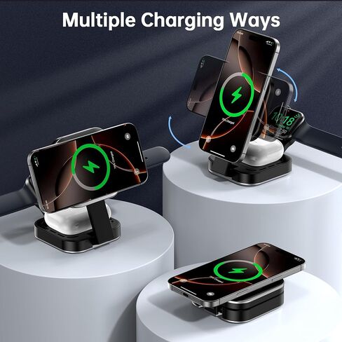 قاعدة شحن صغيرة قابلة للطي 3 في 1 لأجهزة Apple، حامل شاحن لاسلكي لـ Magsafe لسلسلة iPhone 17/Air/16/15/14/13/12، سلسلة ساعات Apple، AirPods pro/2/3/4، هدايا للنساء والرجال (ذهبي) in Saudi Arabia