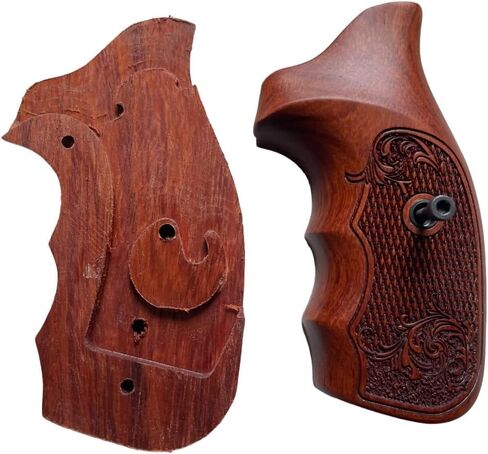 مقابض خشبية جديدة مصنوعة يدويًا من خشب Padauk متوافقة مع إطار Taauuruss الصغير، M 85، 38 Special 2"، منقوشة على شكل زهرة ومفتوحة من الخلف #TSmall03 in Kuwait