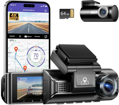 AZDOME ADAS Dash Cam Front and Rear, 4K+2.5K UHD Dash Camera for Cars, 64GB Card Included, Voice Control, Bulit-in 5.8GHz Wi-Fi GPS, 3.19'' IPS Screen Dashcam, Night Vision, 24H Parking Mode M550 Pro in Kuwait