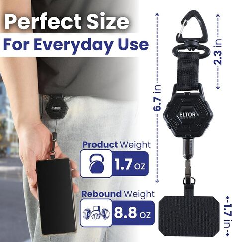 ELTOR Primium Retractable Anti Theft Phone Holder with Heavy Duty Carabiner Belt Clip 31in Extension, Durable Strap Tool Clutchloop. ID Badge Keychain hook Phone tether Prevent Drops in Saudi Arabia