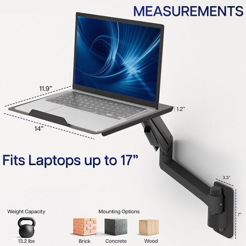 VIVO Sit-Stand 14 Inch Pneumatic Laptop Tray Wall Mount, Articulating Height Adjustable Typing Platform, Floating Workstation, Ergonomic Tilt, Black, MOUNT-KB35L in Saudi Arabia