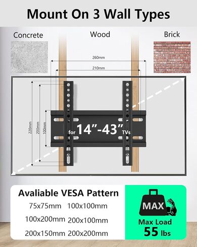 Fixed TV Wall Mount Bracket, Low Profile for Most 17-43 inch LED LCD OLED Flat Curved Screen Plasma TVs up to 66lb, Ultra Slim Small TV Monitor Mount Bracket Max VESA200x200mm in Saudi Arabia