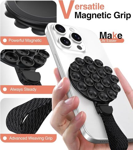 MagSuction Grip Magnetic Phone Grip Holder for MagSafe, Silicone Suction Phone Mount, Adjustable Kickstand with Finger Loop, Compatible with iPhone 17/16/15/14/13/12 Series (Black) in Saudi Arabia