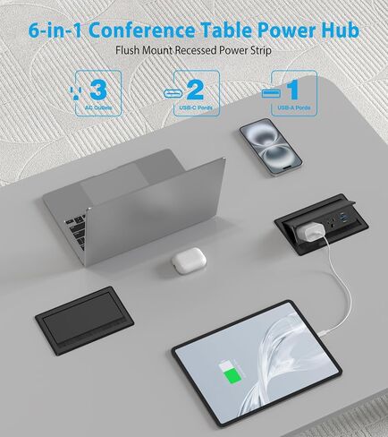 Recessed Conference Table Power Hub with 20W USB-C PD Fast Charging, Flush Mounted for Desks, Kitchens & RVs, 6FT Power Cord (Black) in Saudi Arabia