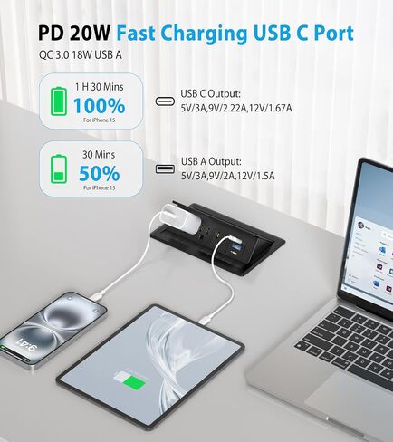 Recessed Conference Table Power Hub with 20W USB-C PD Fast Charging, Flush Mounted for Desks, Kitchens & RVs, 6FT Power Cord (Black) in Saudi Arabia