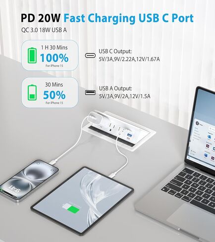 محور طاقة لطاولة المؤتمرات مع شحن سريع 20 وات USB-C PD، مثبت على المكاتب والمطابخ والمركبات الترفيهية، وسلك طاقة بطول 6 أقدام (أسود) in Kuwait