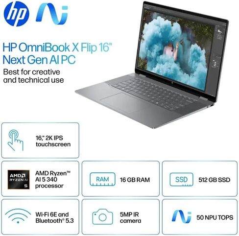 HP OmniBook X FILP Copilot+ PC 16 بوصة 2K Touch 2-in-1 Touchs لاب توب، AMD Ryzen AI 5 340، ذاكرة الوصول العشوائي DDR5 سعة 16 جيجابايت، 512 جيجابايت SSD، لوحة مفاتيح بإضاءة خلفية، Copilot+ PC، Windows 11 Home، فضي Meteor، 16-ar0013dx in Saudi Arabia