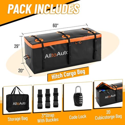 20 CuFt Waterproof Cargo Bag for Hitch Carrier | 60"x20"x29" Trailer Hitch Cargo Carrier | Weatherproof Truck Bed Storage with Straps, Lock & Carry Case | PVC Vehicle Soft-Shell Carriers in Saudi Arabia