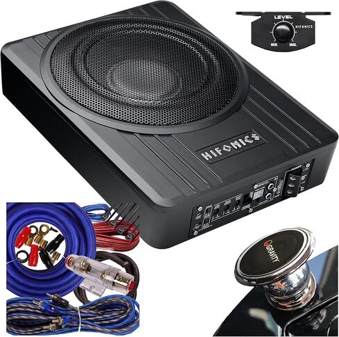Hifonics Brutus BW-110A - مضخم صوت مدمج بقدرة 800 واط أسفل مقعد السيارة والشاحنة، مضخم صوت منخفض مع جهاز تحكم عن بعد ومجموعة قياس 4 زرقاء وحزمة حامل هاتف مغناطيسي الجاذبية، أسود in Kuwait
