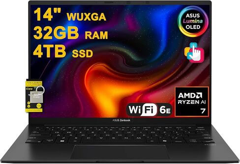كمبيوتر محمول ASUS Zenbook 14 مقاس 14 بوصة WUXGA Lumina OLED Touch (100% DCI-P3، 500nits HDR) AMD 8-core Ryzen AI 7 350 (ما يصل إلى 50 قطعة علوية) ذاكرة وصول عشوائي 32 جيجابايت و1 تيرابايت SSD لمنشئ الأعمال الاحترافية Win11 ICP Hub مع Copilot AI in Kuwait